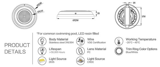 4 Tel 230mm RGB 12W IP68 12v Yüzme Havuzu Işıkları