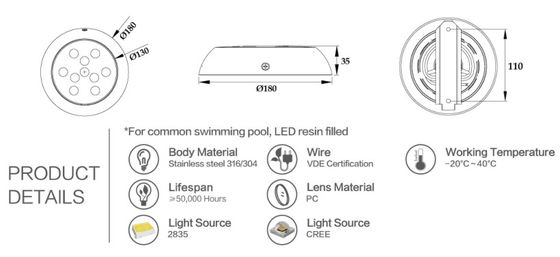 20000 Saat 180mm 12W Rgb Led Yüzme Havuzu Işığı