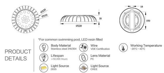Dia 225mm IP68 18W Su Geçirmez Sualtı LED Işıkları